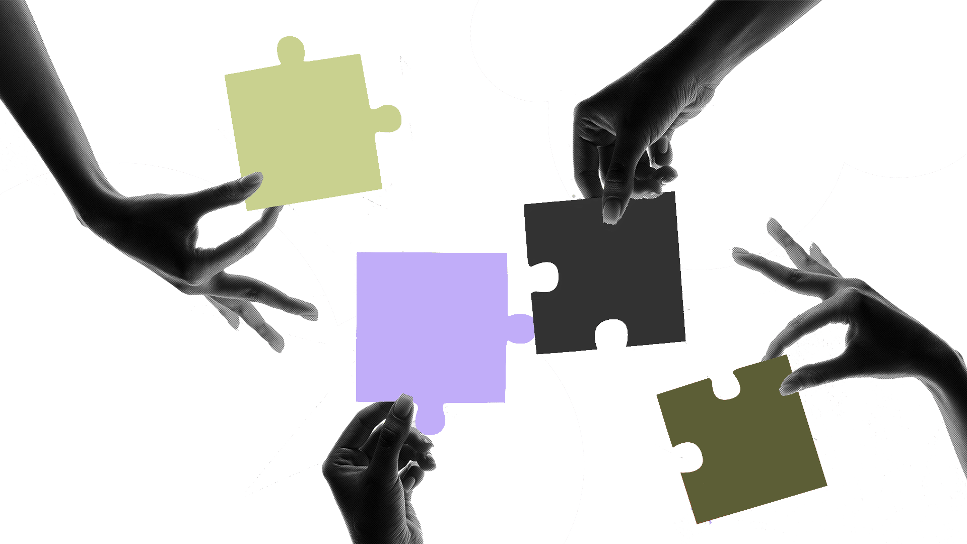 Symfony Tech Team. Vier Hände mit Puzzel-Teile, für ein Erfolgreiches Symfony Projekt