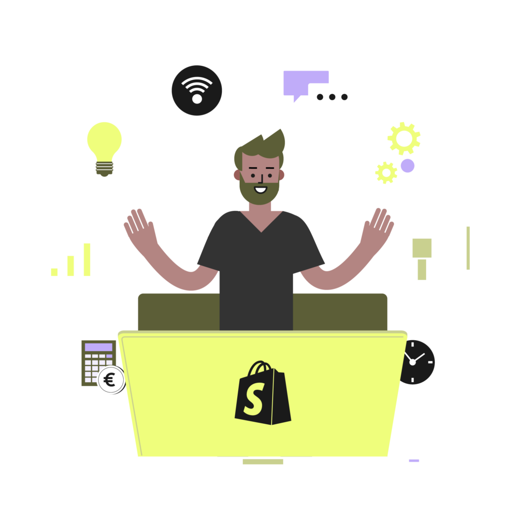 Mann steht in einem Shopify-Onlineshop und zeigt Icons, die für Wachstum, Ideen und Gespräche stehen. Er sieht glücklich aus. OPEN wird als der beste Shopify-Partner dargestellt.