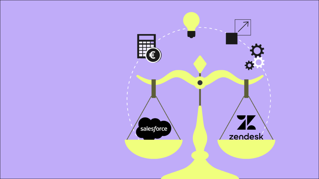 Illustration - Vergleich Abbildung von Zendesk und Salesforce Logo auf einer Waage