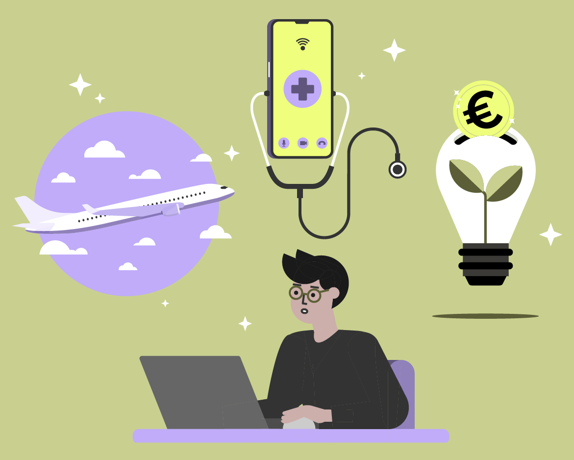 Illustration mit Laptop-Nutzer, Flugzeug, digitalem Stethoskop und Glühbirne mit Euro-Symbol – steht für digitale Innovationen in den Bereichen Mobilität, Gesundheit und Nachhaltigkeit. Die OPEN Digitalgruppe begleitet branchenübergreifend smarte, wirtschaftlich nachhaltige Digitalprojekte.