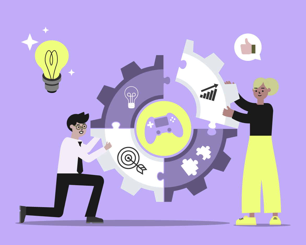 Illustration zwei Personen, die Puzzleteile in ein Zahnrad mit Spielcontroller-Symbol einsetzen – umgeben von Icons für Ideen, Ziele, Wachstum und Motivation. Darstellung von Gamification als strategisches Element zur Effizienzsteigerung, Nutzerbindung und innovativen Problemlösung.