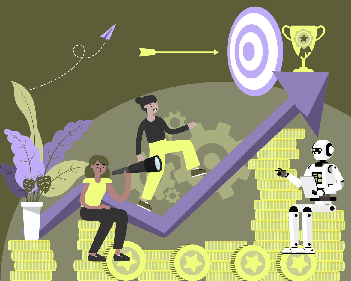 Illustration mit Personen und Roboter auf einem aufsteigenden Pfeil aus Münzen, der zu einer Zielscheibe mit Trophäe führt – symbolisiert den gezielten Einsatz von Gamification zur Motivation, Zielerreichung und nachhaltigem Wachstum bei der OPEN Digitalgruppe.