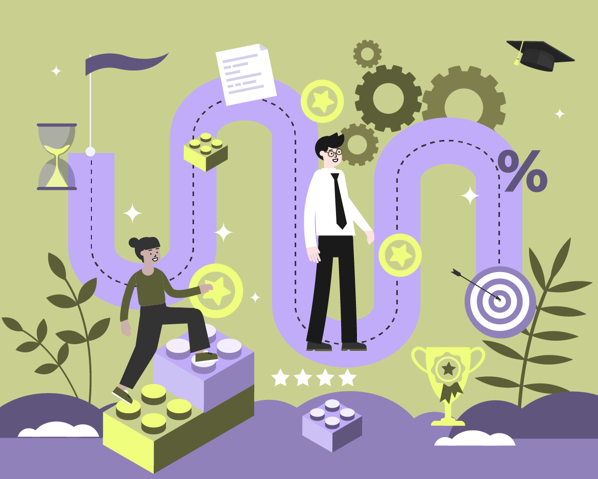 Illustration einer dargestellten Lern- und Entwicklungspfad-Szene mit Personen, Symbolen für Fortschritt, Ziele und Erfolg. Visualisiert den Weg zur digitalen Kompetenz. Die OPEN Digitalgruppe unterstützt individuelle Entwicklungsreisen mit innovativen, gamifizierten Lernformaten.
