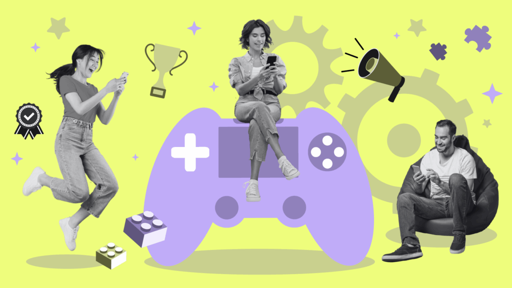 Illustration mit großer Spielekonsole und drei interagierenden Personen, umgeben von Symbolen wie Trophäe, Megafon und Puzzleteilen – Darstellung von spielerischer Nutzeraktivierung und Motivation. Die OPEN Digitalgruppe setzt Gamification gezielt zur Engagement- und Effizienzsteigerung ein.