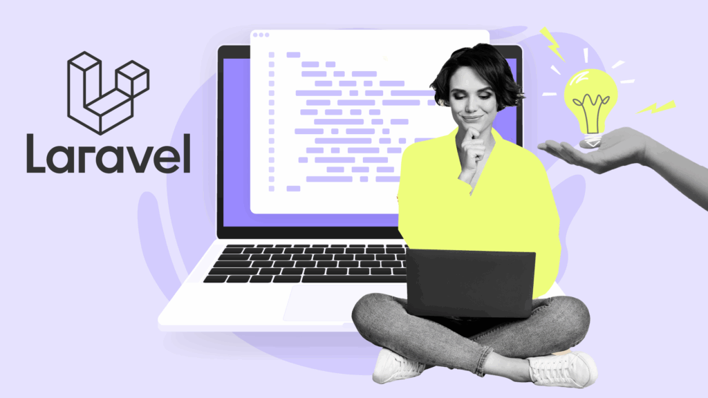 Headergrafik_Blog_Laravel_250721 Illustration einer Frau mit Laptop vor Code und Laravel-Logo; eine Hand hält eine leuchtende Glühbirne als Symbol für Ideen. Hinweis auf moderne Webentwicklung mit Laravel in der OPEN Digitalgruppe