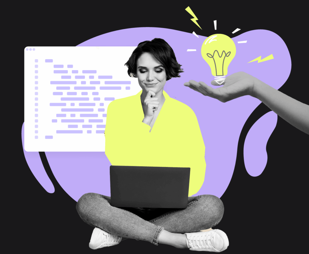 Illustration einer Frau mit Laptop vor Code; eine Hand hält eine leuchtende Glühbirne als Symbol für Ideen. Hinweis auf moderne Webentwicklung mit Laravel in der OPEN Digitalgruppe
