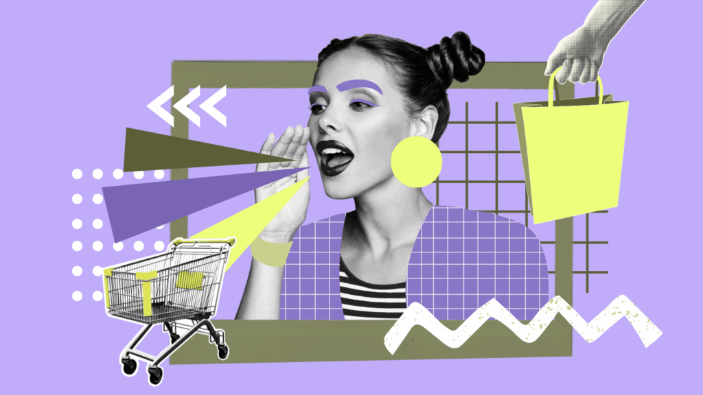 Kollage im Retro-Stil mit Einkaufswagen und eine Frau im Pop-Art-Design. Visualisierung der OPEN Digitalgruppe als Shopware- und Hubspot-Partner auf der DMEXCO 2025.