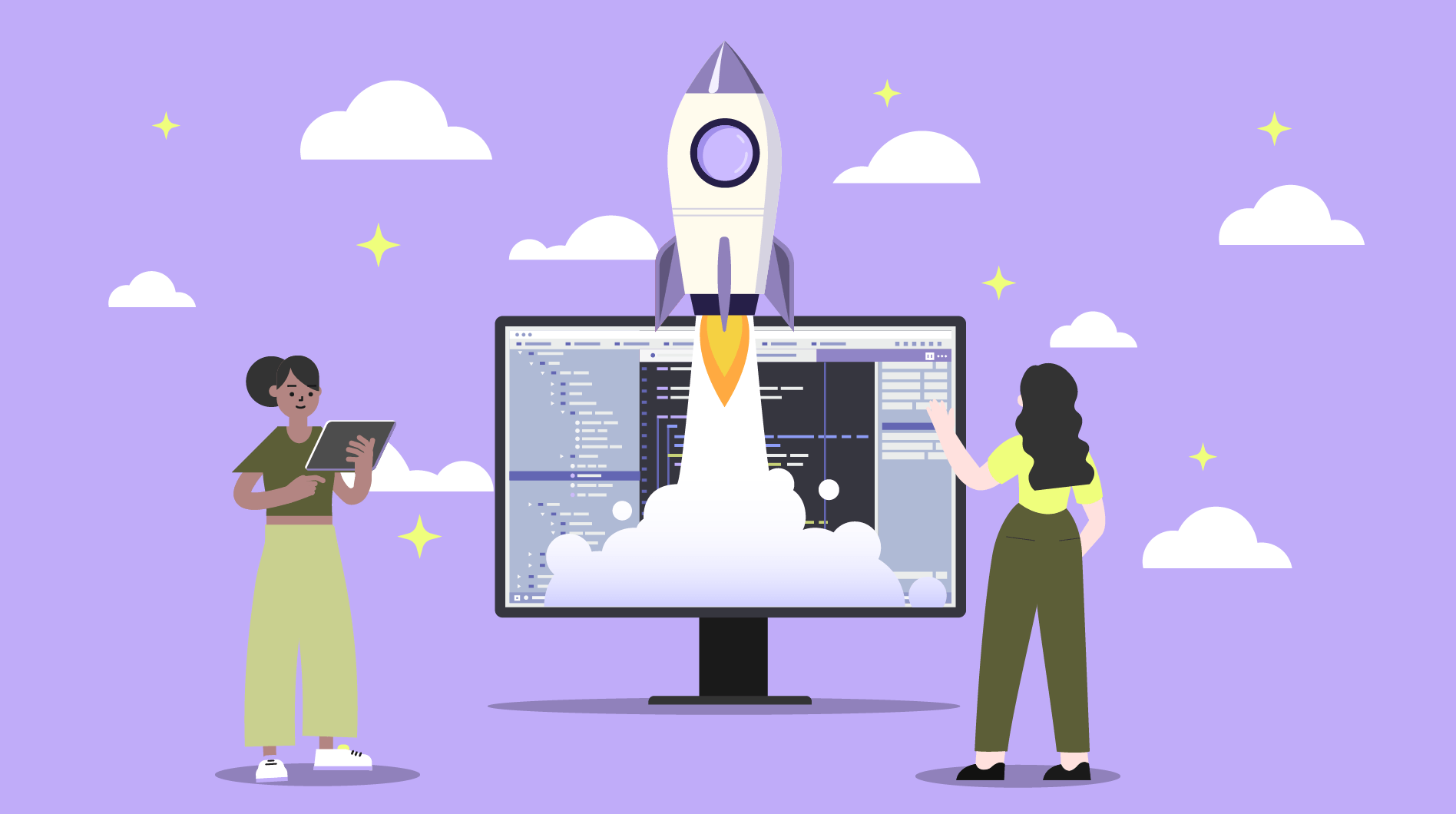 Illustration zweier Entwicklerinnen vor einem Monitor mit Code und einer Rakete, die symbolisch für den erfolgreichen Projektstart steht. Visualisierung der OPEN Digitalgruppe als spezialisierte Laravel Agentur für innovative Webentwicklung.