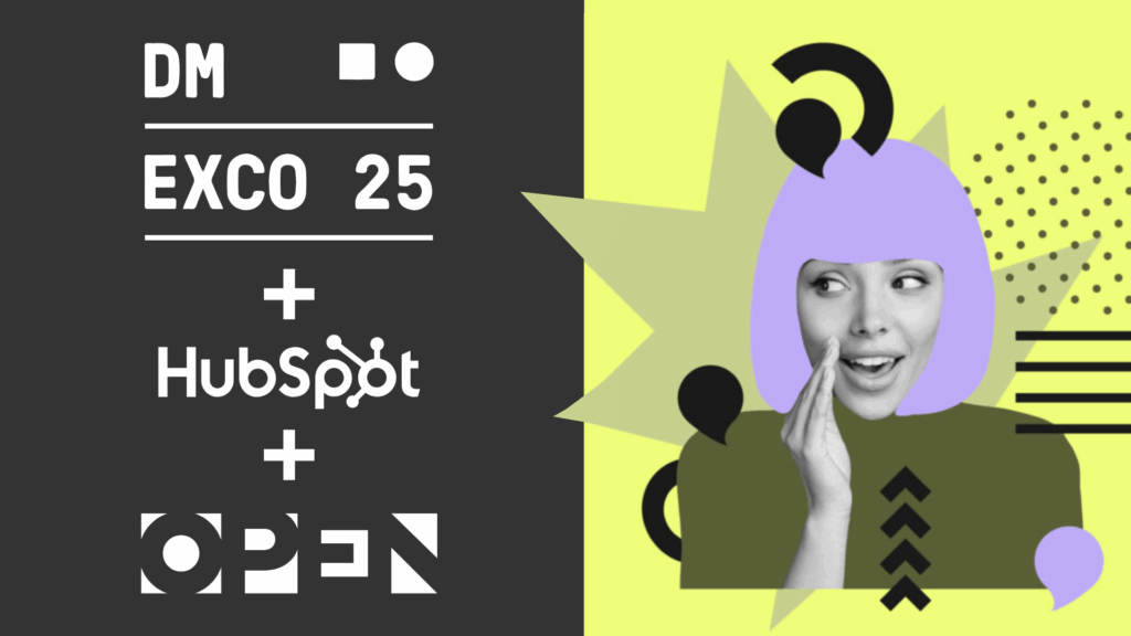 Kollage im Retro-Stil mit Einkaufswagen, Frau im Pop-Art-Design und Logos von DMEXCO, HubSpot und OPEN – Visualisierung der OPEN Digitalgruppe als Hubspot-Partner auf der DMEXCO 2025. Fokus auf CRM, Innovation und digitale Vertriebslösungen.