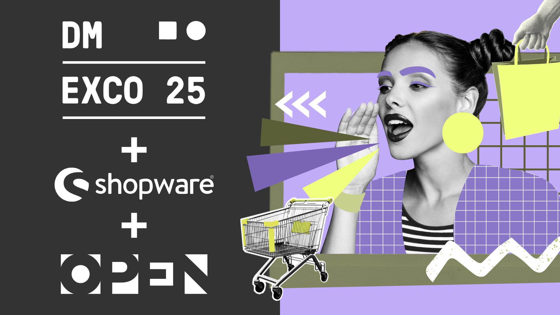 Kollage im Retro-Stil mit Einkaufswagen, Frau im Pop-Art-Design und Logos von DMEXCO, Shopware und OPEN – Visualisierung der OPEN Digitalgruppe als Shopware-Partner auf der DMEXCO 2025. Fokus auf E-Commerce, Innovation und digitale Handelslösungen.