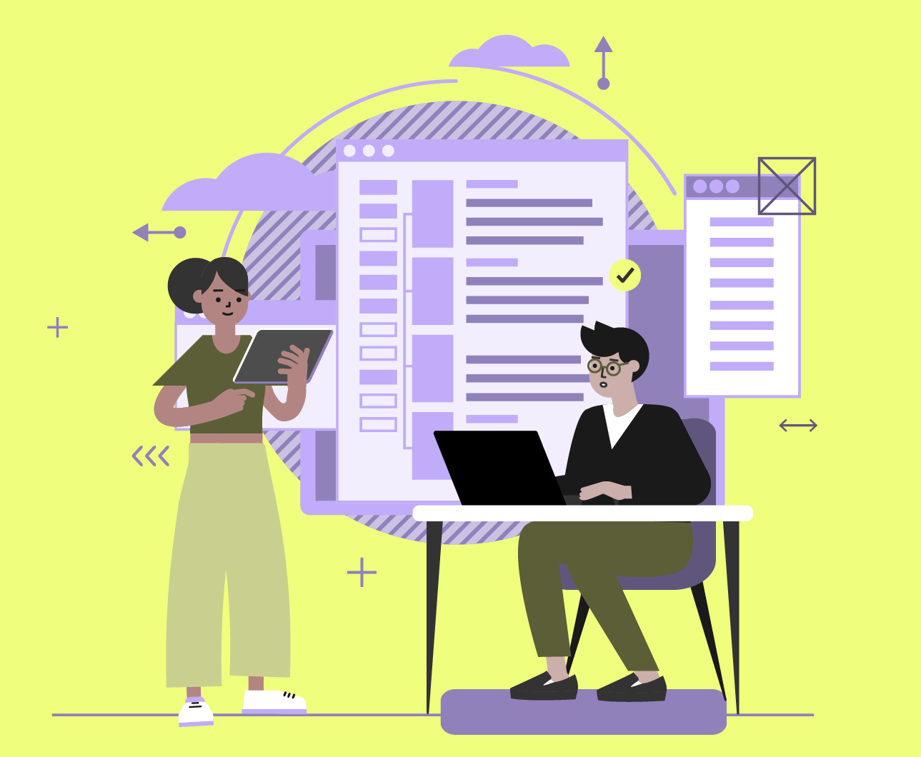 Zwei Personen arbeiten mit Laptop und Tablet vor abstrahierten Benutzeroberflächen – Darstellung effizienter Entwicklungs- und Deploymentprozesse. Symbolisiert die kollaborative, strukturierte Bereitstellung von Software durch den „Deployment as a Service“-Ansatz der OPEN Digitalgruppe.