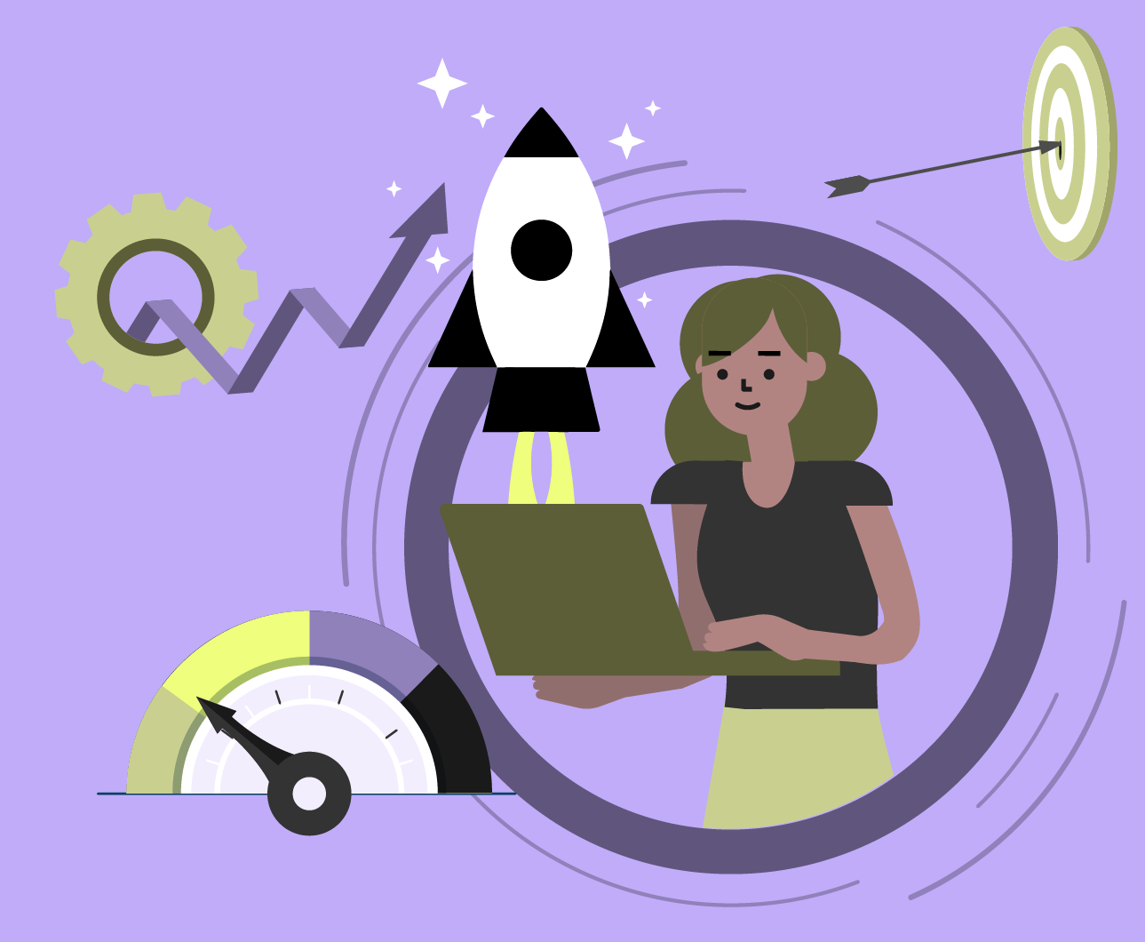 Illustration einer Entwicklerin mit Laptop, umgeben von Rakete, Zielscheibe, Tacho und Aufwärtstrend – symbolisiert zielgerichtete, performante und automatisierte Softwarebereitstellung. Visualisierung des „Deployment as a Service“-Angebots der OPEN Digitalgruppe.