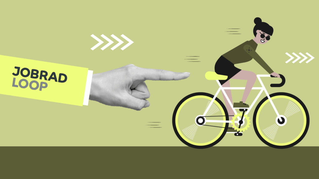 Kollage einer Hand, die mit Jobrad Lopp beschriftet ist, die ein Fahrrad anschiebt.