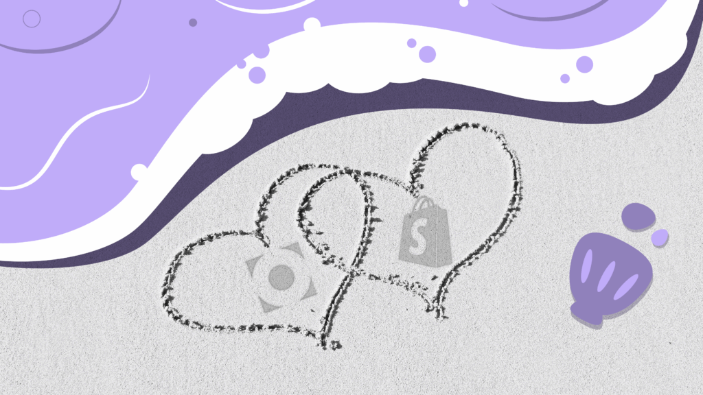 Illustration zweier im Sand gezeichneten Herzen, die sich überlappen. Sie umschließen jeweils das Open und das Shopify Logo.