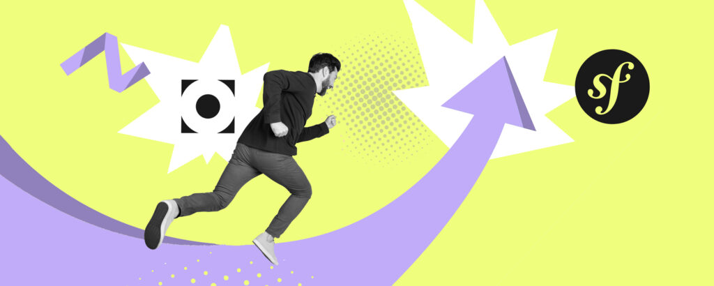 Kollage eines Pfeils der von unten nach oben schießt in Richtung Symfony Logo. Auf dem Pfeil läuft ein Mensch, der versehen ist mit dem OPEN Logo.