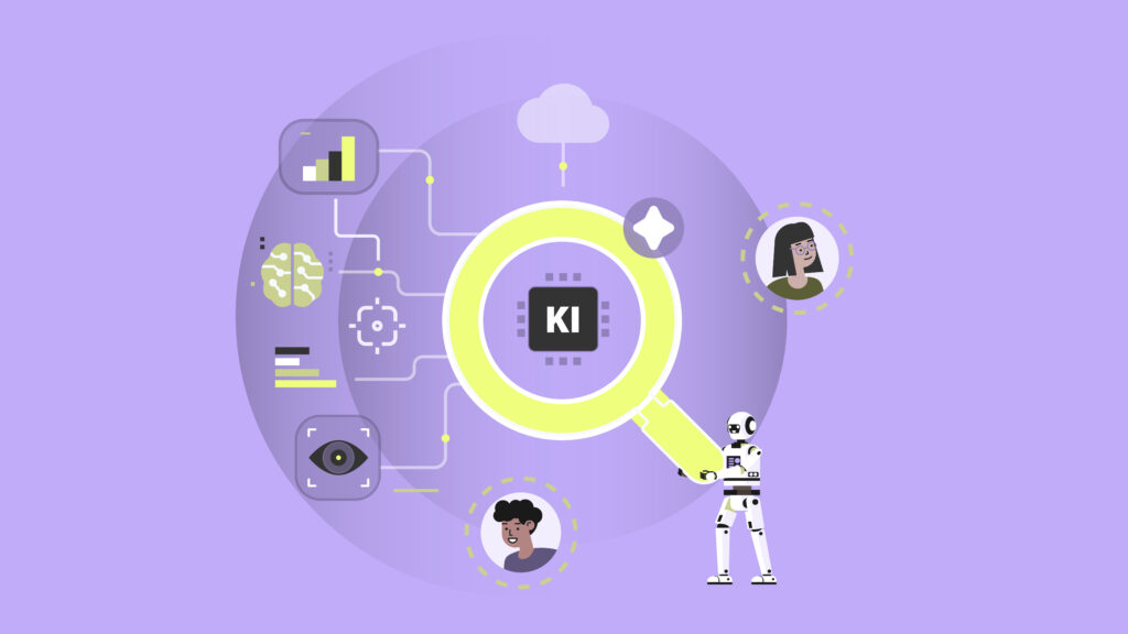 Visualisierung wie KI die Search Engine Suche anders vornimmt als einfache Suchmaschinen. Dargestellt durch einen Roboter der durch eine Lupe verschiedene Bestandteile des Internets durchleuchtet