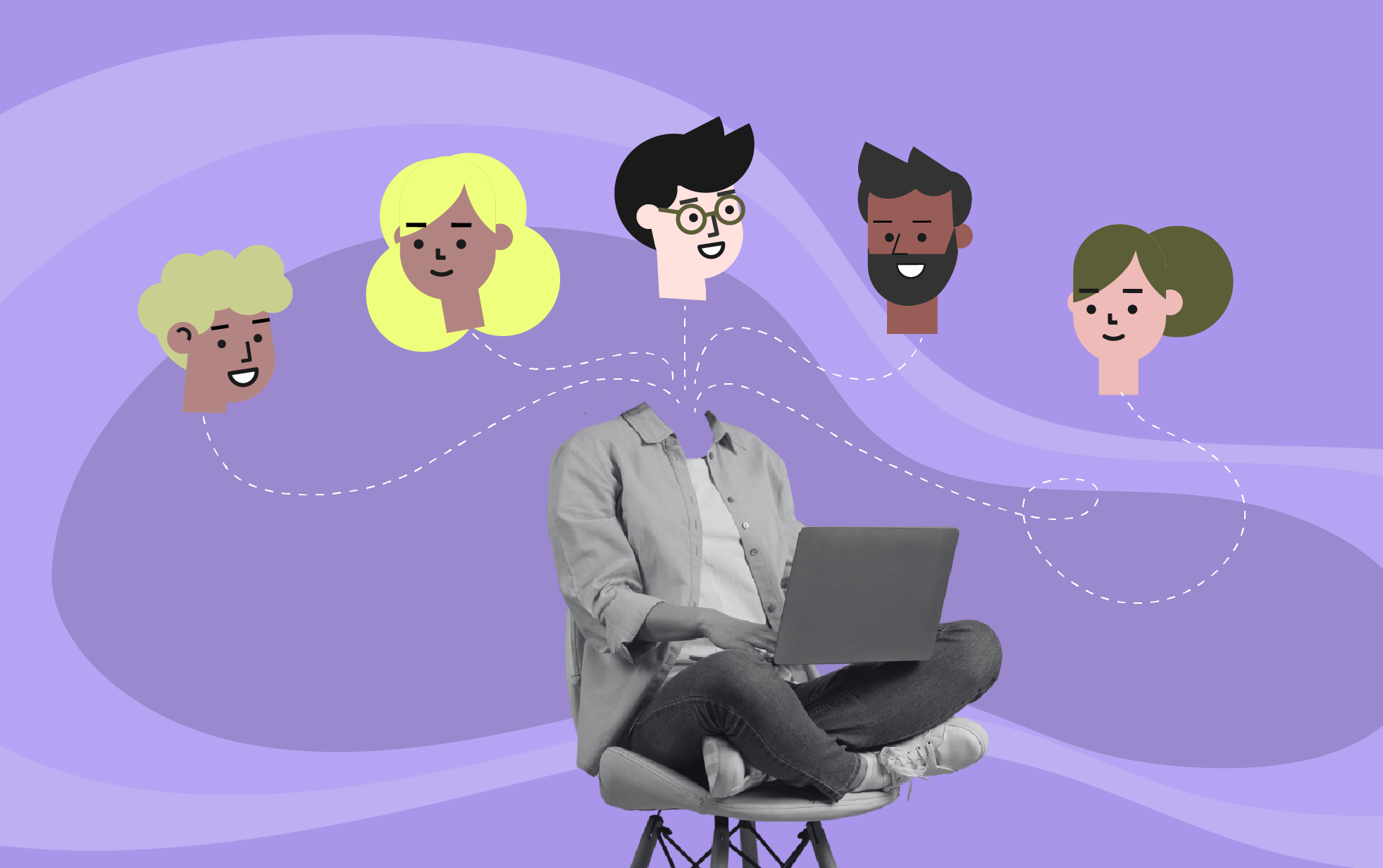 Illustration eines Mitarbeiters, der jedoch Headless ist und somit die Gestaltung, also das Frontend agil wechseln kann.