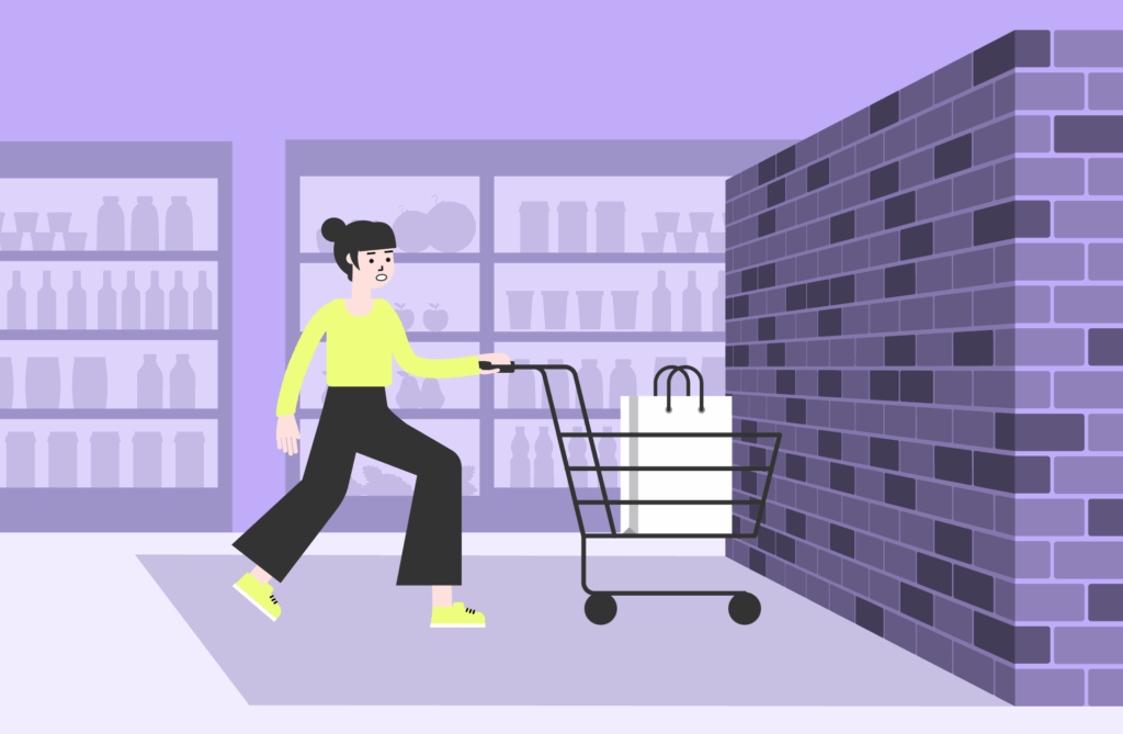 Visual Einkaufswagen, der gegen eine Wand fährt, um zu visualisieren, dass dein Shop gegen die Wand gefahren wird.