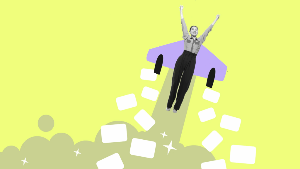 Frau die mit Rakete in die Luft fliegt um beschleunigung zu symbolisieren