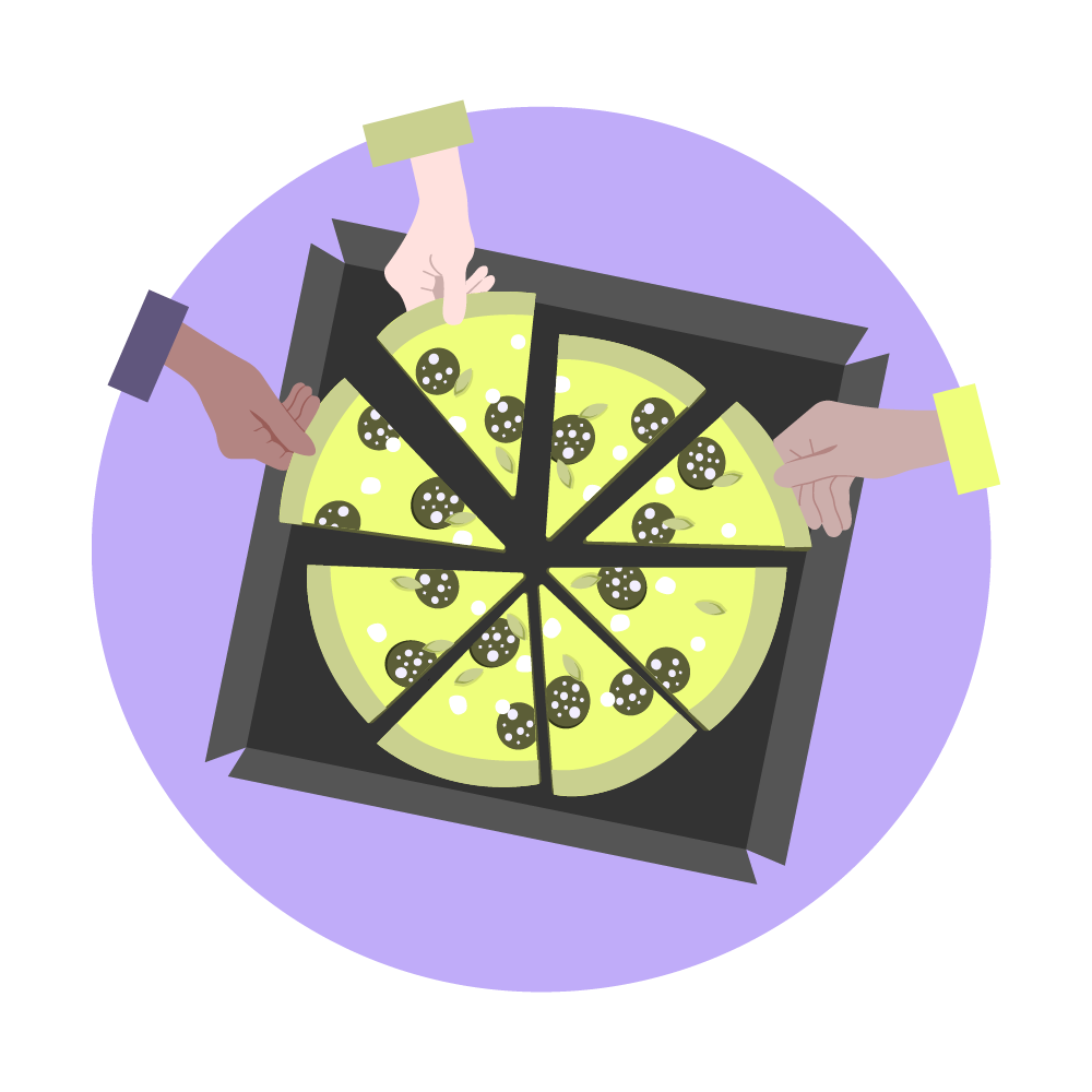 OPEN_Lunch-And-Learn_Zusatz_Grafik1 Bild bzw. Illustration einer Pizza, von der sich verschiedene Personen ein Stück nehmen und sie teilen